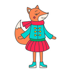 Winter fox girl. Hand drawn doodle fox in winter clothes. Cute fox for kids design. Vector. Isolated.
