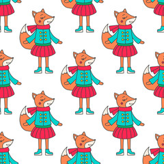 Winter fox girl. Pattern with hand drawn doodle fox in winter clothes. Cute fox for kids design. Vector. Isolated.
