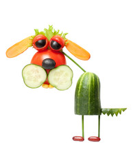Funny dog made of cucumber, tomato, carrot and salad