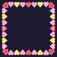 Obraz premium Gingerbread frame. Frame with gingerbread hearts. Hand drawn hearts with doodle ornament. Vector. Pink, yellow, red colors.