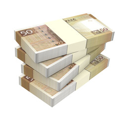 Macanese pataca bills isolated on white background. Computer generated 3D photo rendering.