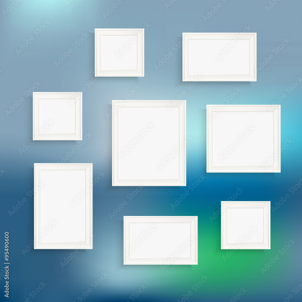 Poster different frames on blured background. template for a text
