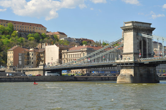 Budapest One Of Many Bridges Crossing Danube River.