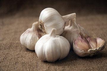 Garlic close-up on sacking. burlap background
