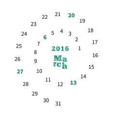 Creative calendar for March 2016 with dates on spiral