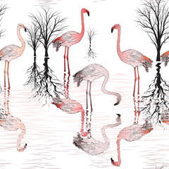 Obraz premium pattern with group of pink flamingo