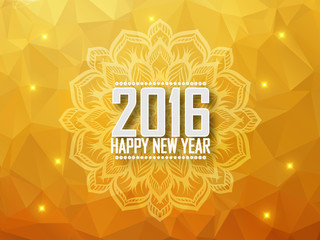 Greeting card Happy New Year 2016. Polygonal background, stars, holiday, shine, mandala. 