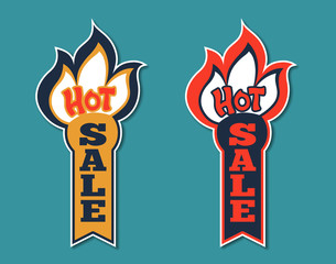 Hot Sale Stickers shaped as Burning Match. Vector labels, emblems isolated with shadow on the background. Good for a variety of color painting. Flat retro style.