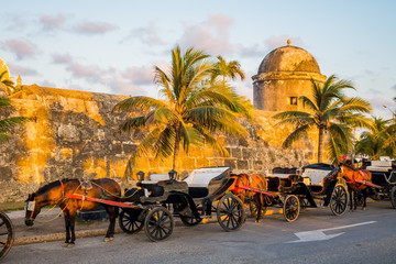 Horse drawn touristic carriages in the historic Spanish colonial city of Cartagena de Indias,...