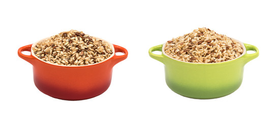 Raw brown rice in ceramic pot