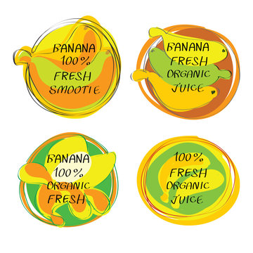 Fresh juice -  Health Food Headings vector set  - Banana juice circle stickers with inscription fresh. Calligraphic Organic food hand drawn icons collection isolated on white background. Eps 10.