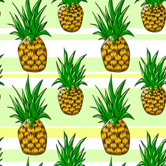 juicy pineapples  on striped background vector seamless pattern