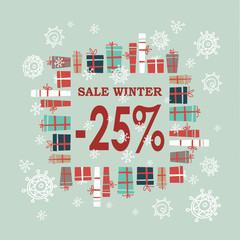 Winter sale background with red letters,gifts and snowflakes.  Vector illustration