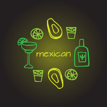 Mexican elements, cinco de mayo elements, mexico fiesta,avacado, mexican alcohol - tequila, margarita
