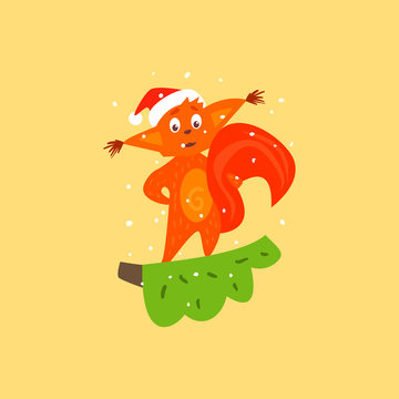 Cute Squirrel on a Branch. Christmas Vector Illustration