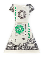 Dollar origami dress isolated on white background