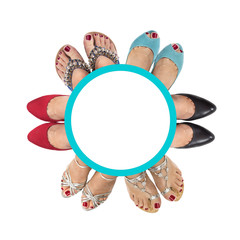 Six pairs of women's legs in different shoes and sandals on a white background.The view from the top.