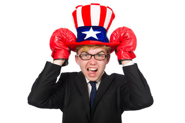 Man wearing hat with american symbols