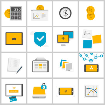 Finance, Business and Media - money, online investment, e-commerce, social networking - set of flat design icons