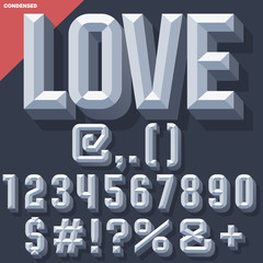 Vector 3D grey set of condense beveled numbers and symbols with shadow. Simple colored version.