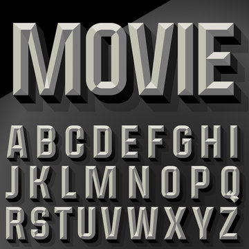 Vector 3D condense beveled alphabet with shadow. Black and white version.