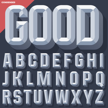 Vector 3D grey condense beveled alphabet with shadow. Simple colored version.