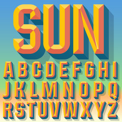 Vector 3D summer condense beveled alphabet with shadow. Multicolored version