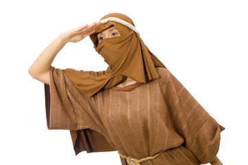 Woman wearing medieval arab clothing on white