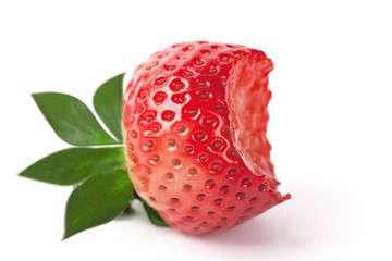 Bitten berry fresh strawberries on white background