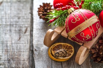 Colorful christmas decorations on rustic wood background