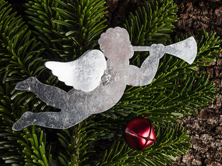 Christbaumschmuck, Metall, Engel, Posaune, Schelle, Tannenzweig,