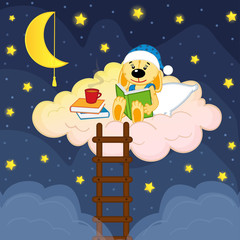 rabbit reads a book in the clouds at night - vector illustration, eps
