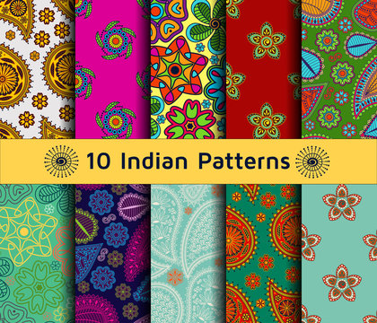 Set of Indian seamless patterns. Paisley backgrounds in ethnic style. Each pattern has been saved in swatch folder. Vector illustration. 
