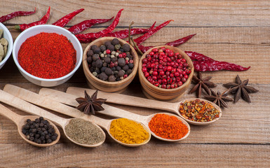 Assorted spices on wooden background