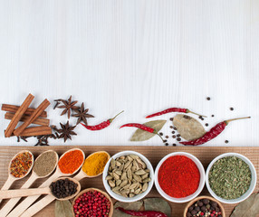 Assorted spices on wooden background