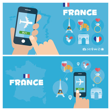 Modern banner vector illustration icons set of france traveling, planning a summer vacation. Flat design style. Vector
