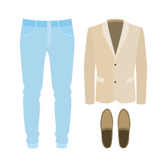 Set of trendy men's clothes with pants, jacket and moccasins.  Men's wardrobe. Vector illustration