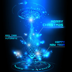 Vector furutistic christmas tree with lights and shine