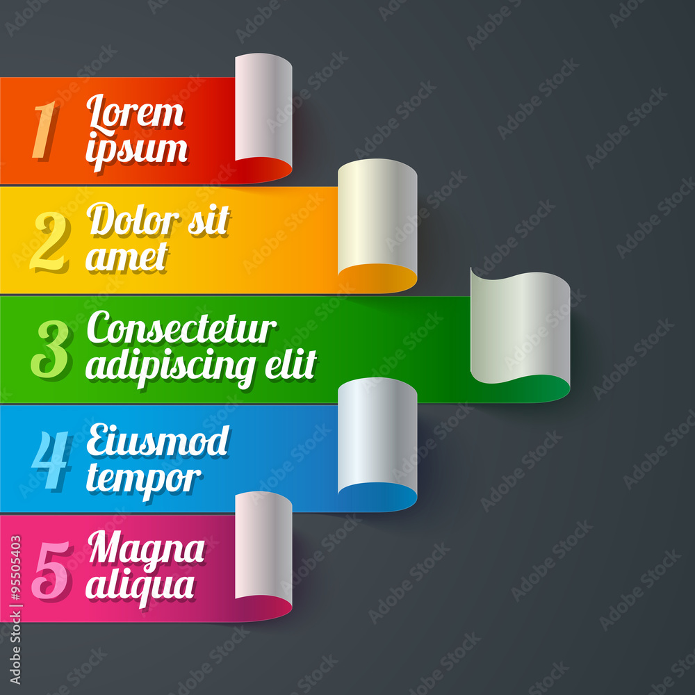 Poster infographics curled colorful paper stripe banners arrow with white turns and 5 text options on dark 