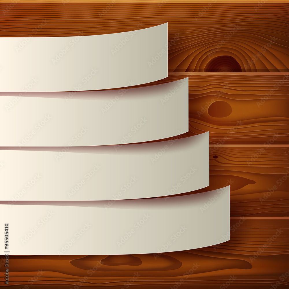Aufkleber infographics template with 4 options wintage paper stripe banners and realistic shadows on brown woo