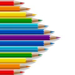 Arrow shape of rainbow colored pencils with realistic shadows on white background
