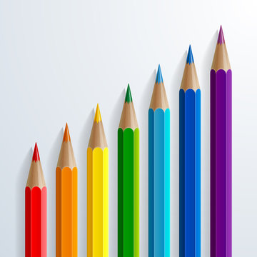 Infographic rainbow color pencils with realistic shadows diagonal growth chart on white background