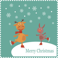 Greeting card with deer and rabbit skates