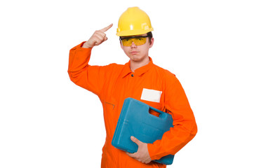 Man in orange coveralls isolated on white