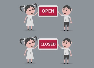 dolls boy and girl with open and closed sign