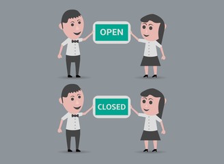 dolls man and woman with open and closed sign