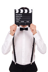 Young gentleman with clapperboard isolated on white
