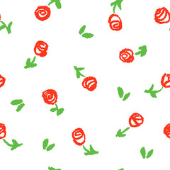 Child's drawing of flowers isolated on white. Pastel chalk crayon hand drawing roses background. Seamless pattern, vector.