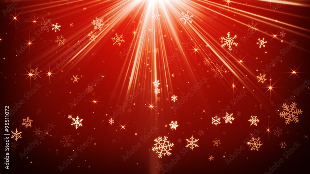 Poster snowfall in red light rays abstract background