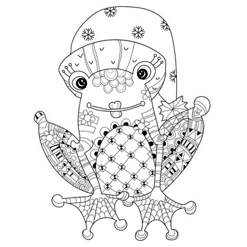 Cute Frog Prince in christmas hat.Vector illustration zentangle isolated ready for coloring book..